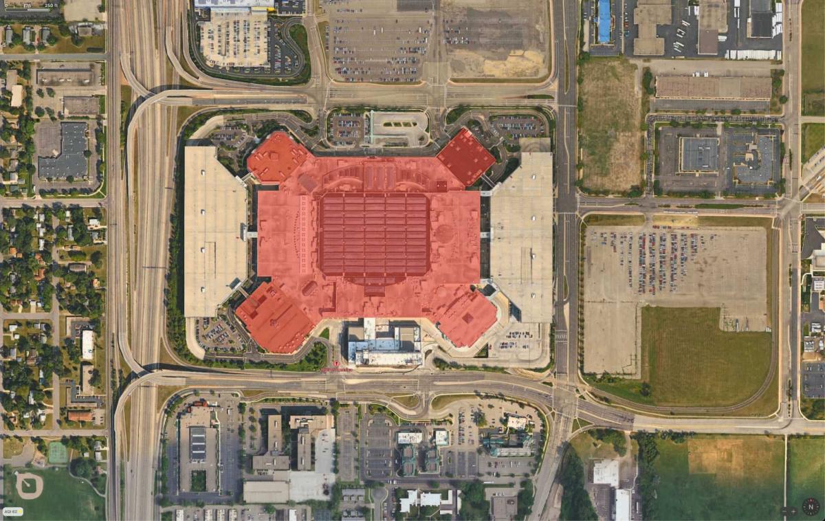 Arial shot of the Mall of America in Bloomington, MN highlighted in read to emphasize the perimeter