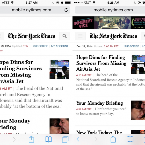 New York Times mobile website article listing screen shots