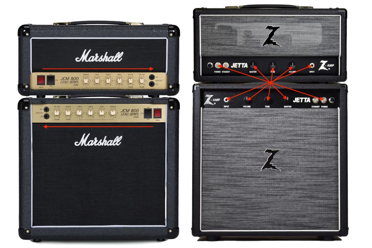 Two Marshall and two Dr. Z guitar amps with arrows pointing out how the control panels differ between the combo and head versions of the amps.