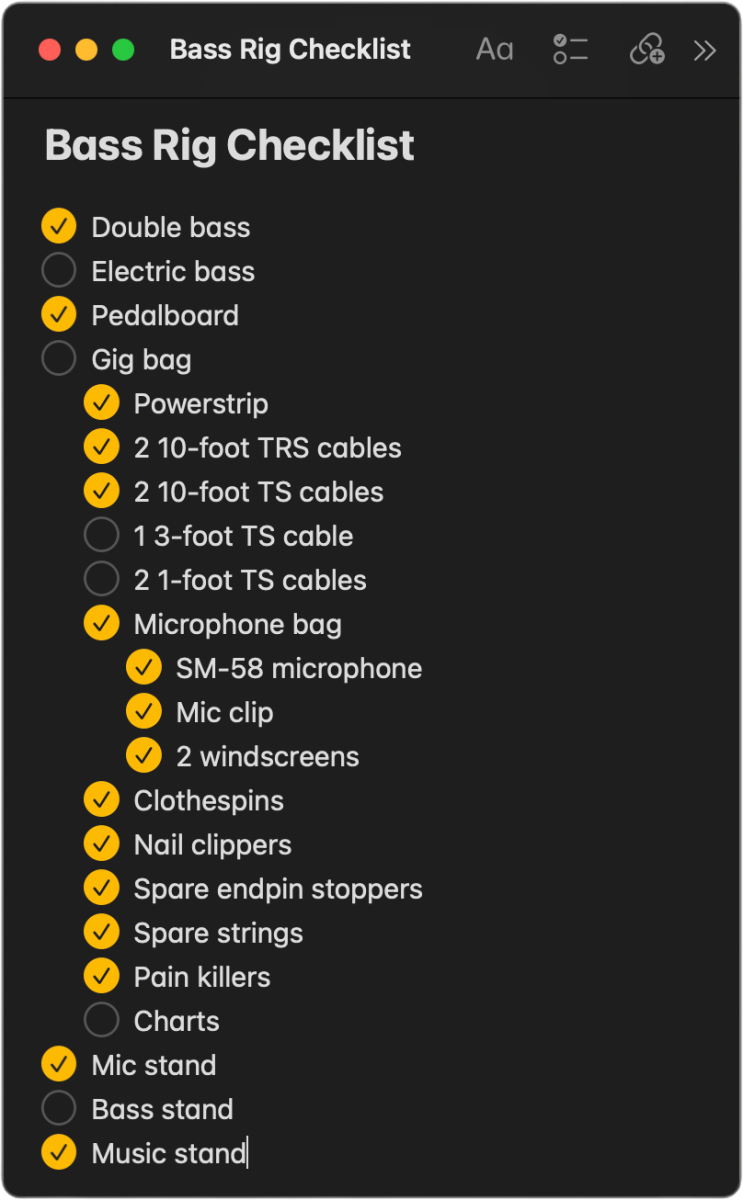 Screen capture of the Notes app in macOS showing a check list for a bass rig. Some items are nested and checked off the list.