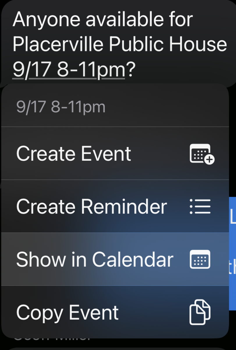 A screen capture of the iOS context menu that pops up when you tap a date in a text message.