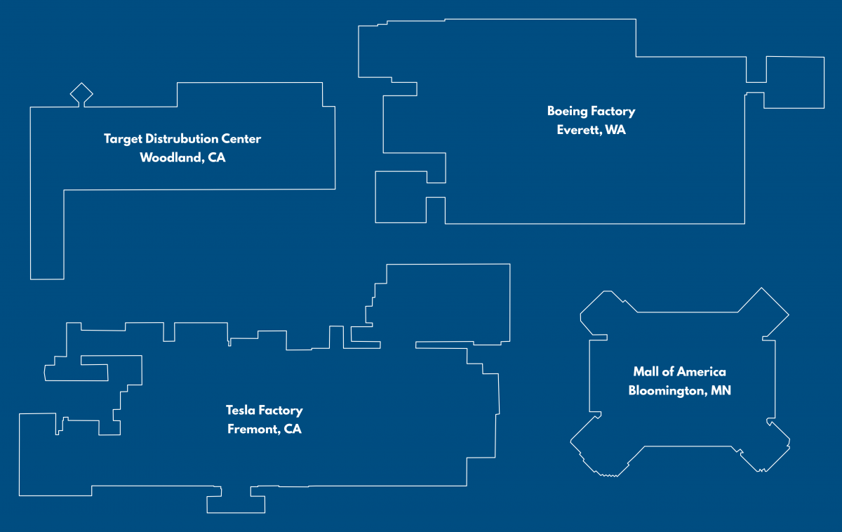 An illustration of the perimeters of four large buildings