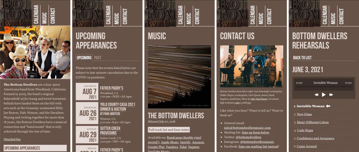 Mobile pages of the Bottom Dwellers website