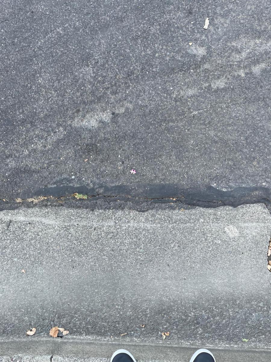 A lone pink puzzle piece lays in the street with the photographer’s feet at the bottom of the frame.