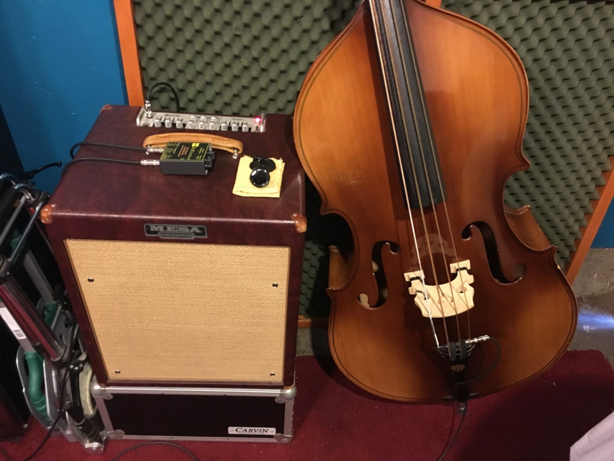 Mesa Walkabout bass amp, King Moretone double bass, and K&K preamp