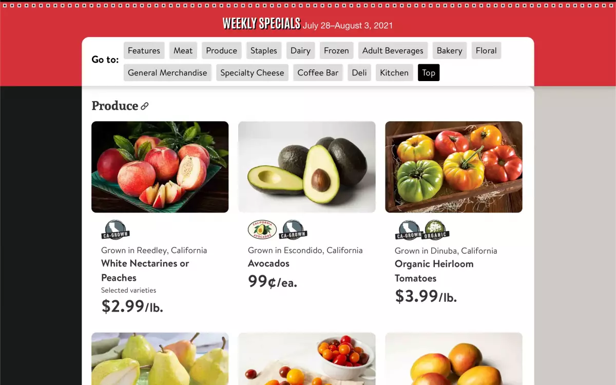 Nugget Markets Weekly Specials produce section screen capture