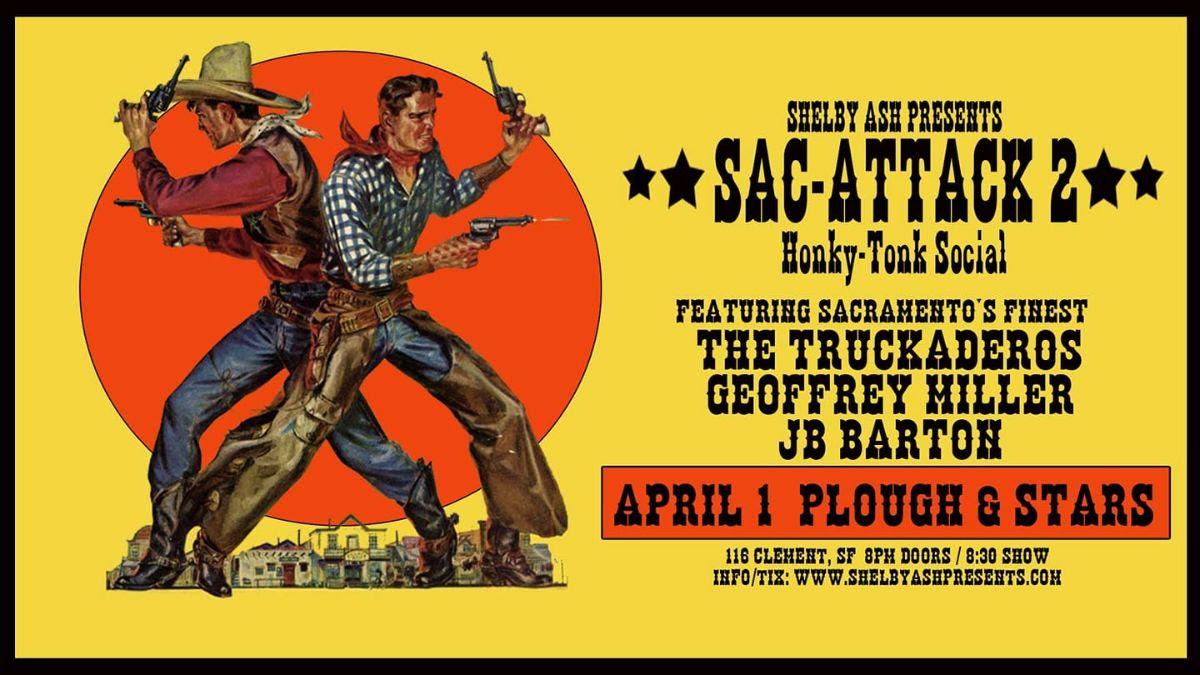 Flyer for April 1, 2023 country show at the Plough & Stars in San Francisco featuring an illustration of 1960s cowboy gun fighters