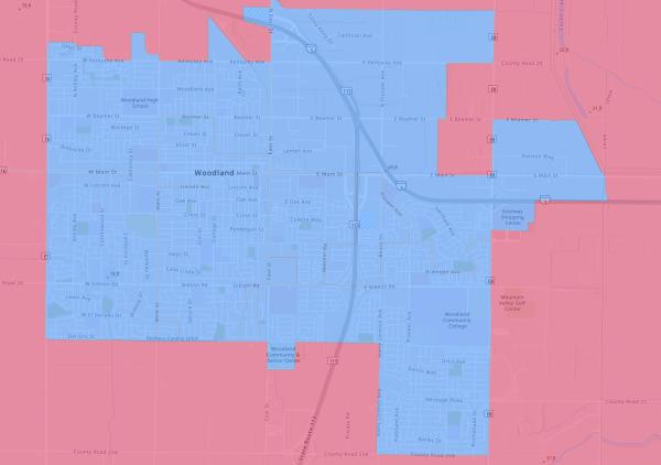 Woodland, California 2020 presidential election map showing Woodland in blue, surrounded by red rural area.
