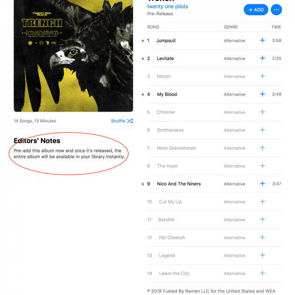 twenty one pilots’ Trench pre-release on Apple Music