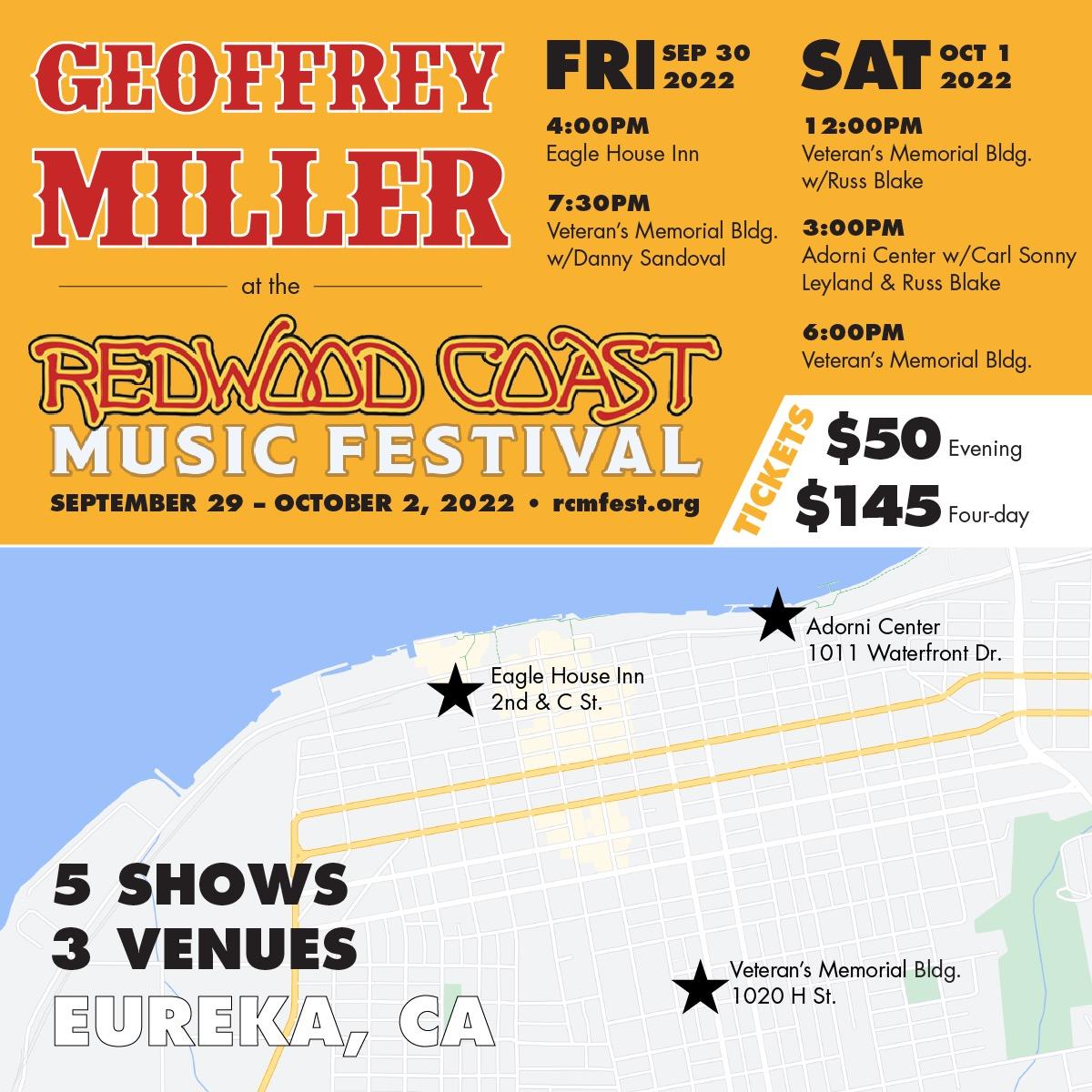 Redwood Coast Music Festival map highlighting Geoffrey Miller performances