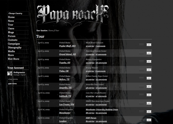 Papa Roach events page