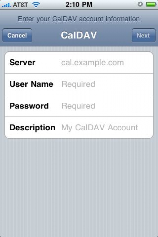 iPhone CalDAV setup screen