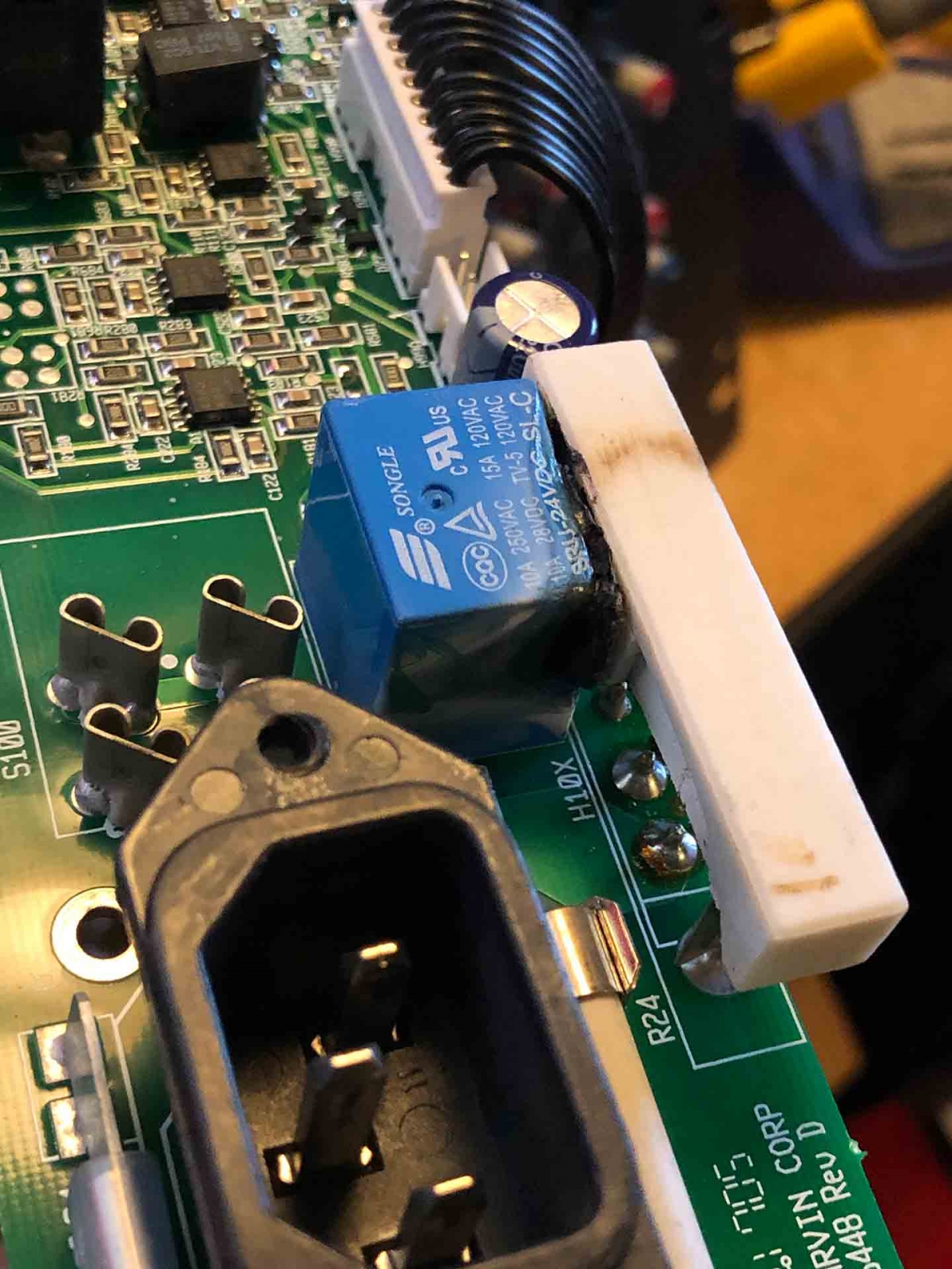 Burned relay and resistor on the PCB
